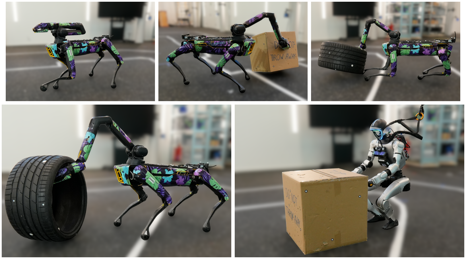 Real-world deployments: Spot reach, box pushing, tire uprighting, tire rolling, and G1 box pushing.